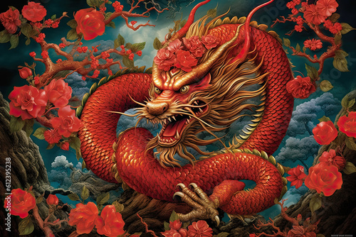 Chinese dragon new year background. Illustration AI Generative.