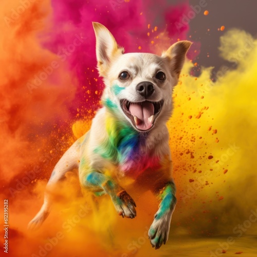 A cheerful playful dog jumps up among the colors of Holi  Chihuahua on a bright multi-colored background  generative ai