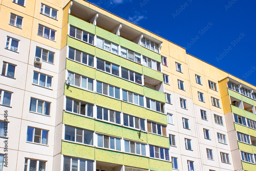 Architectural design of apartment buildings. External view of a new building, residential building, apartments. Modern houses, apartments.Facade of a high-rise apartment
