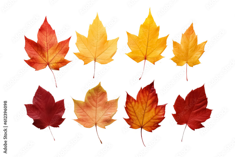 collection of beautiful colorful autumn leaves on white background, AI