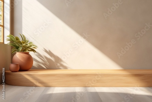 wooden planks for an aesthetically pleasing table or seat, with pastel concrete wall, generative ai
