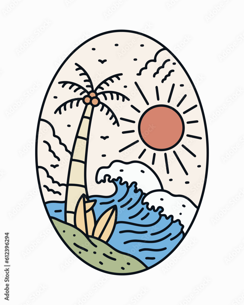 Summer vibes theme. the waves and the coconut on the beach vector t shirt illustration Summer vibes theme. the waves and the coconut on the beach vector t shirt illustration