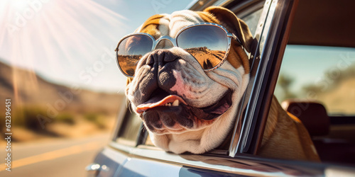 Happy Tails on Wheels: Funny Bulldog Dog with Leash and Sunglasses on Summer Road Trip - Generative AI © Bartek