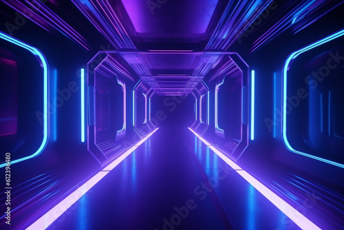 Futuristic Sci-Fi Abstract Blue And Purple Neon Tunnel  Generative AI