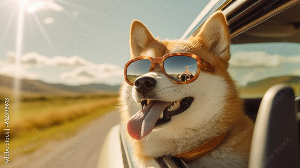 Paws and Shades: Shiba Inu Dog Peeking Out of Car Window with Leash on Summer Road Trip - Generative AI Paws and Shades: Shiba Inu Dog Peeking Out of Car Window with Leash on Summer Road Trip - Generative AI