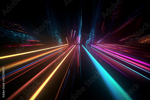 Neon light abstract background, glowing ascending lines, Generative AI