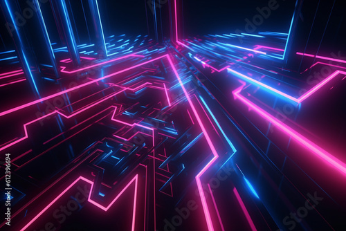 Pink blue neon abstract 3d render background, glowing ascending lines, Generative Ai