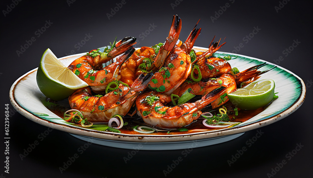 Grilled shrimp with vegetables, big barbecued prawns on the grill with green sweet chilli sauce, Generative AI Grilled shrimp with vegetables, big barbecued prawns on the grill with green sweet chilli sauce, Generative AI