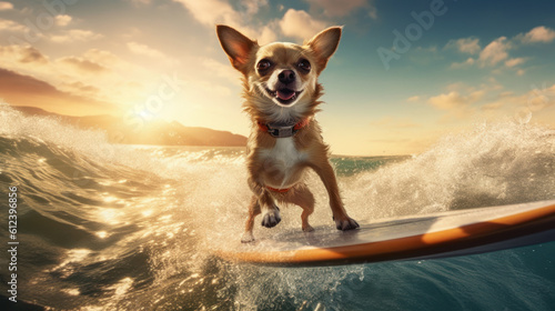 Surfing Bliss: Close-Up of a Smiling Chihuahua Dog Enjoying the Waves - Generative AI © Bartek