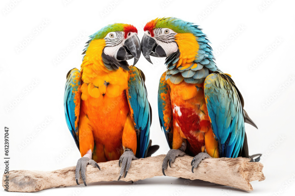 Couple of adult macaw parrots sitting on a branch isolated on white background. Generative AI Couple of adult macaw parrots sitting on a branch isolated on white background. Generative AI