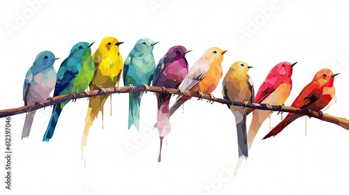 Small multi-colored tropical birds sit on a branch isolated on a white background in the oil paints style. Generative AI