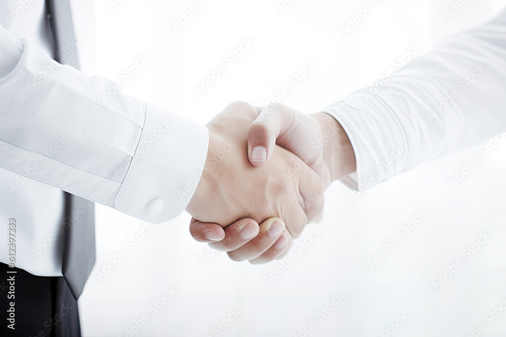 Handshake of two businessmen in white shirts on a white background. Generative AI Handshake of two businessmen in white shirts on a white background. Generative AI