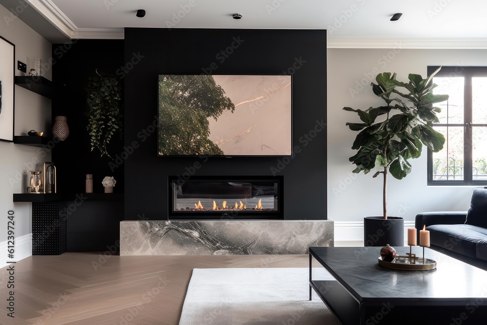 Designer living room details with fireplace and marble details. Elegant living room details, 3d render Designer living room details with fireplace and marble details. Elegant living room details, 3d render