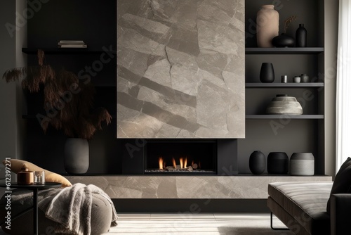 Designer living room details with fireplace and marble details. Elegant living room details, 3d render photo