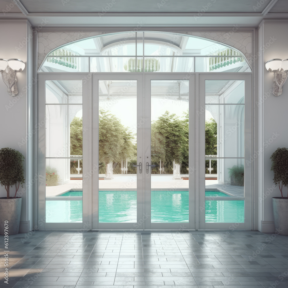 glass door swimming pool entrance with white interior illustration glass door swimming pool entrance with white interior illustration