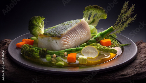 Pike perch fillet with broccoli, carrots, and asparagus, Generative AI photo