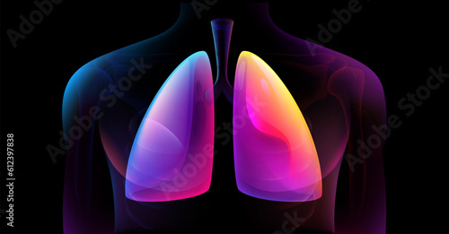 Human Respiratory System Lungs Anatomy. Man silhouette healthy lungs medicine model. Abstract digital blue purple medical illustration isolated on black background. Human Skeleton System Anatomy X-ray