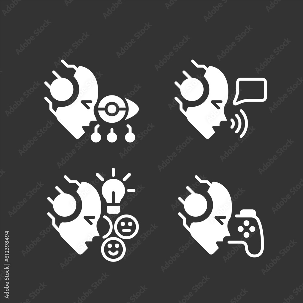 Artificial intelligence benefits white linear glyph icons set for night mode. AI advantages. Negative space silhouette symbols on dark theme background. Solid pictograms. Vector isolated illustrations Artificial intelligence benefits white linear glyph icons set for night mode. AI advantages. Negative space silhouette symbols on dark theme background. Solid pictograms. Vector isolated illustrations