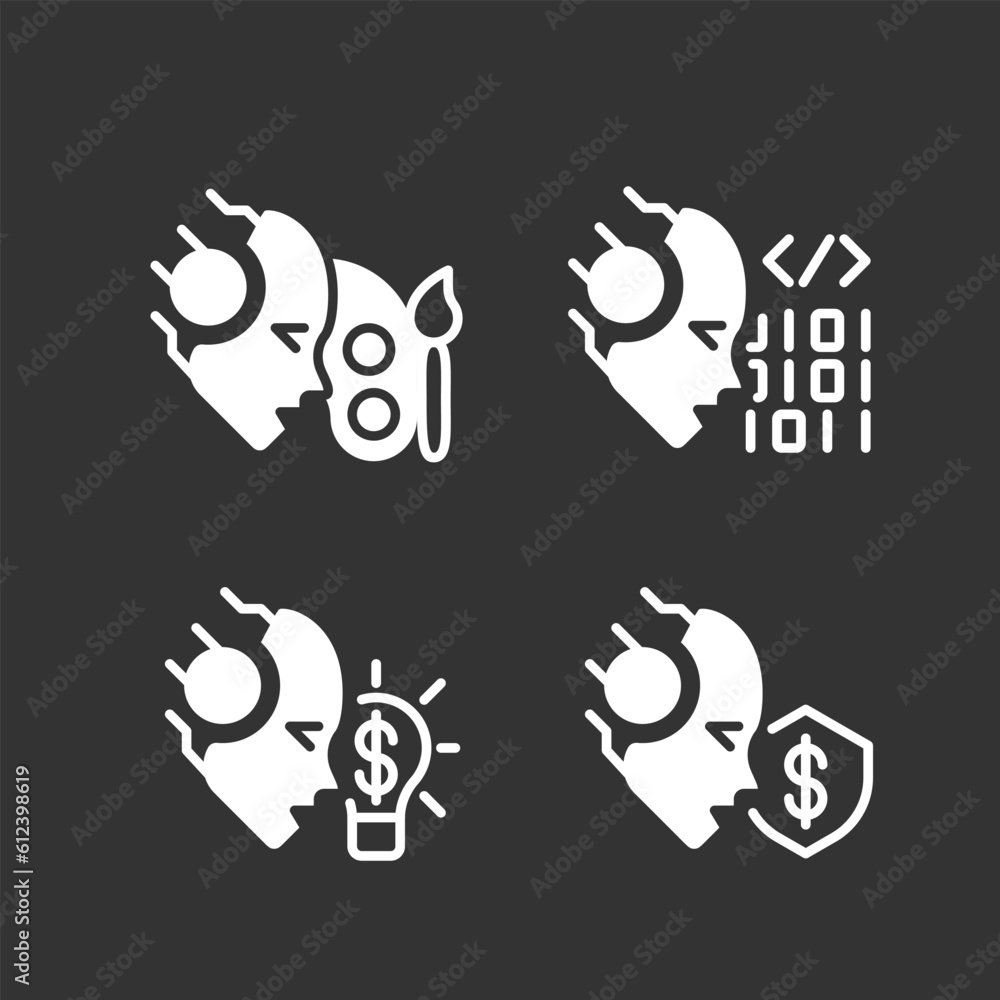 Artificial intelligence skills white linear glyph icons set for night mode. Data science. Negative space silhouette symbols on dark theme background. Solid pictograms. Vector isolated illustrations