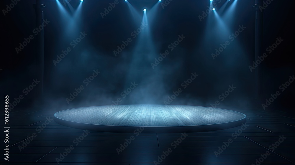 Captivating Ambiance of an Empty Stage with Ample Copy Space for Theater, Club or Disco Events on LED Wallpaper and Floor amidst Foggy Atmosphere and a Single Lamp. Generative AI