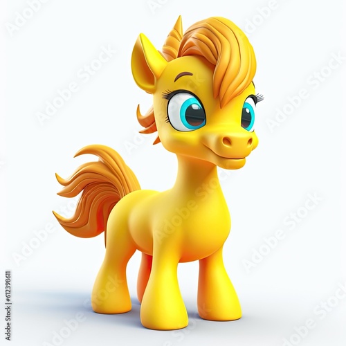 Adorable Baby Yellow Horse: Cute Three-Dimensional Pony Character with Big Blue Eyes - Cartoon Fairy Tale Pet Toy Illustration 3D Render Art, Generative AI