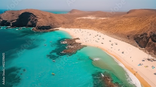 Aerial View of People Enjoying Tarrafal Beach, Cape Verde - Cabo Verde: Stunning Archipelago on the Blue Atlantic Bay of Africa. Generative AI photo