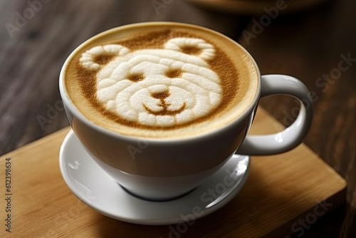 Bear Coffee Foam Art in a Cute White Cup. Delicious Latte Drink with Espresso and Cappuccino Options: Generative AI © AIGen