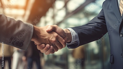Closeup of Two Business People Shaking Hands in Agreement for Contract. Businessman and Businesswoman Concept of Connection and Communication: Generative AI
