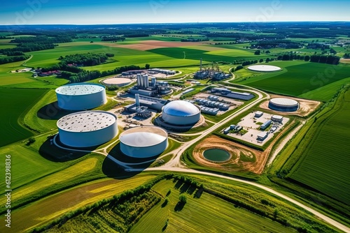 Renewable Energy and Modern Agriculture at Biogas Plant in Czech Republic. Aerial View of Green Fields and Sustainable Infrastructure for Bio-Fuel Production. Generative AI