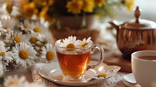 Refreshing Chamomile Tea Cup with Natural Daisy Bouquet - Herbal and Healthy Hot Drink on Porcelain Plate, Closeup of Rural Still-Life Scene: Generative AI