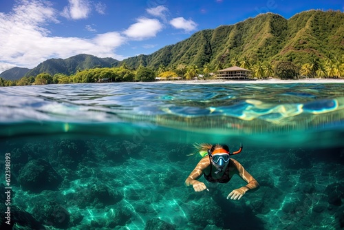 Tropical Activity: Couple Snorkeling Over Coral Reef in Clean Water of Moorea, Tahiti: Generative AI