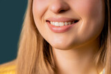 Mouth of charming smiling blonde woman. Perfect healthy teeth, lips, kind smile