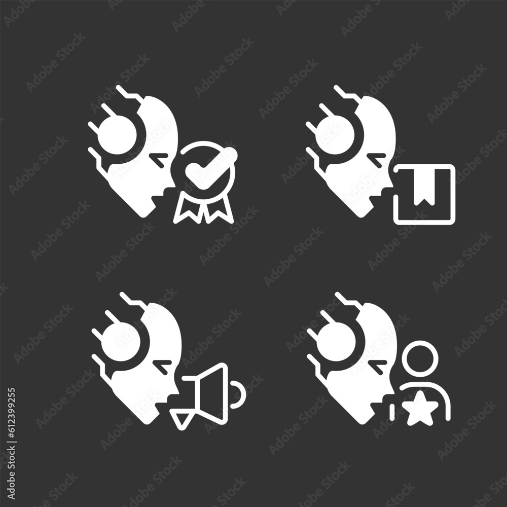 Artificial intelligence in business white linear glyph icons set for night mode. Negative space silhouette symbols on dark theme background. Solid pictograms. Vector isolated illustrations