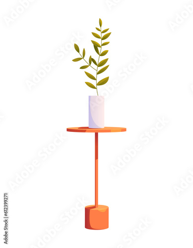 Table with a Vase and a Plant. Furniture Isolated on White. Interior Design Element. Cute Vector Illustration in Cartoon Style. 
