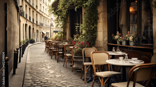 Charming parisian sidewalk cafe,outdoor tables, Paris, France. Generative AI