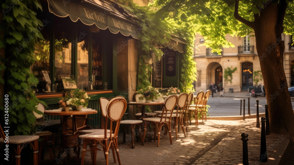 Charming parisian sidewalk cafe,outdoor tables, Paris, France. Generative AI - obrazy, fototapety, plakaty 