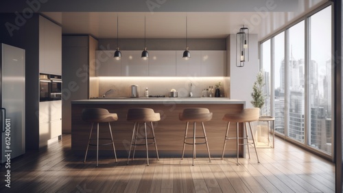 Modern kitchen with breakfast bar in an urban luxury apartment. Wooden floors  white facades  wooden bar counter with bar stools  large windows overlooking the city. 3d rendering. Generative AI