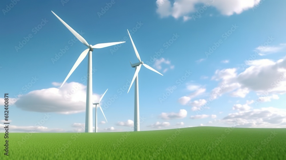 Wind turbines on the green field against the blue sky. Production of renewable green energy. Sustainable development concept. Mock up, 3D rendering. Generative AI Wind turbines on the green field against the blue sky. Production of renewable green energy. Sustainable development concept. Mock up, 3D rendering. Generative AI