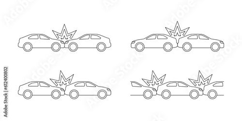 Car crash, accident of transport, line art icon set. Side, frontal and back collision. Broken vehicle. Vector outline