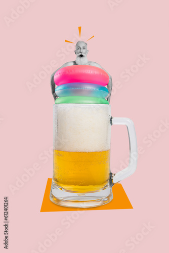 Banner poster collage of shocked retired man relax summertime party swim in fresh froth beer foam use rubber lifebuoy