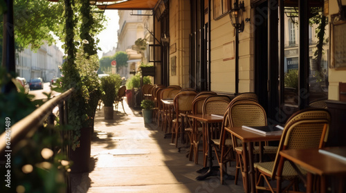 Charming parisian sidewalk cafe,outdoor tables, Paris, France. Generative AI © piai