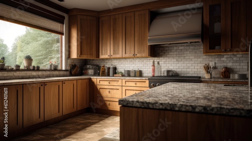 Fragment of a modern kitchen in a luxury home. Quartz countertops, natural wood cabinets, kitchen appliances, table decor, beautiful morning light from the window. Generative AI