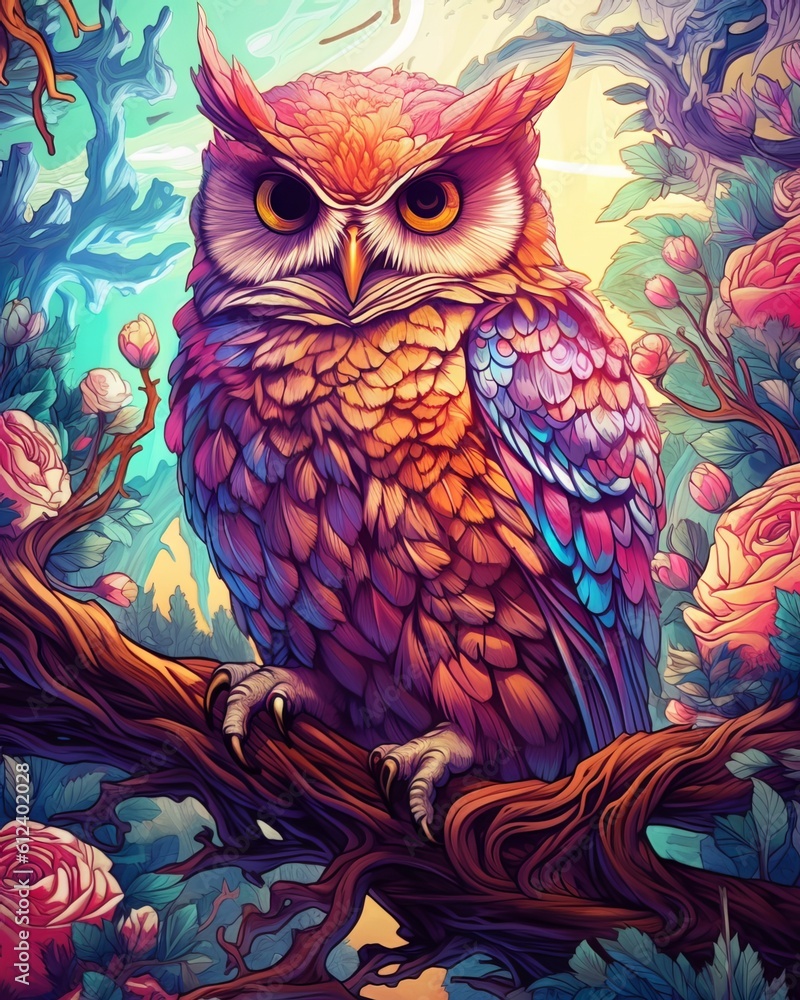 Fototapeta premium Majestic Artistic Owl Perched on a Branch: Wisdom and Serenity