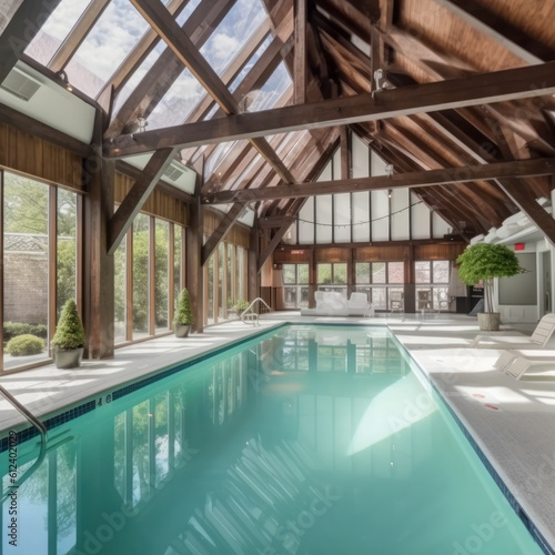 Indoor swimming pool in a luxury wooden home. Huge floor-to-ceiling windows with beautiful garden view and skylights, comfortable loungers, plants in a floor flowerpots. Generative AI