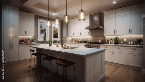 Modern luxury white kitchen. Large kitchen island with marble countertops and bar stools, wooden floors, pendant lights, expensive kitchen appliances, windows overlooking the garden. Generative AI
