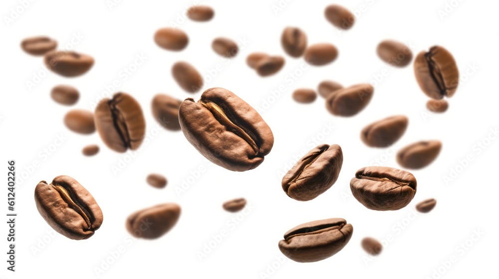 Coffee beans in flight on white background. Generative AI. Coffee beans in flight on white background. Generative AI.