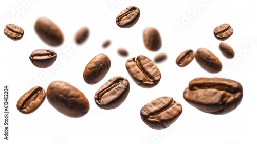 Coffee beans in flight on white background. Generative AI.