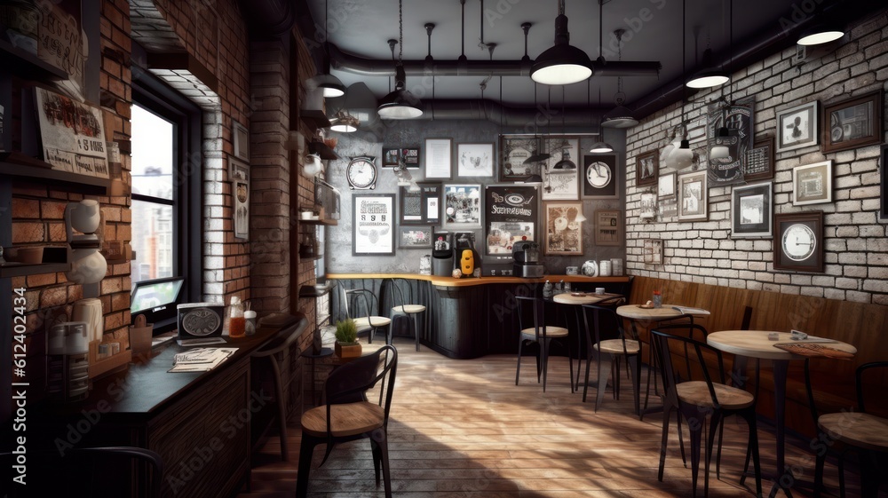 Loft style modern coffee shop interior. Gray brick walls and concrete floors, wooden tables and chairs, many posters on the walls, pendant lights. Hipster lifestyle concept. Generative AI