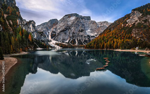 Εκτύπωση καμβά Lake Braies, Italy - Aerial panoramic view of Lake Braies (Lago di Braies) in th