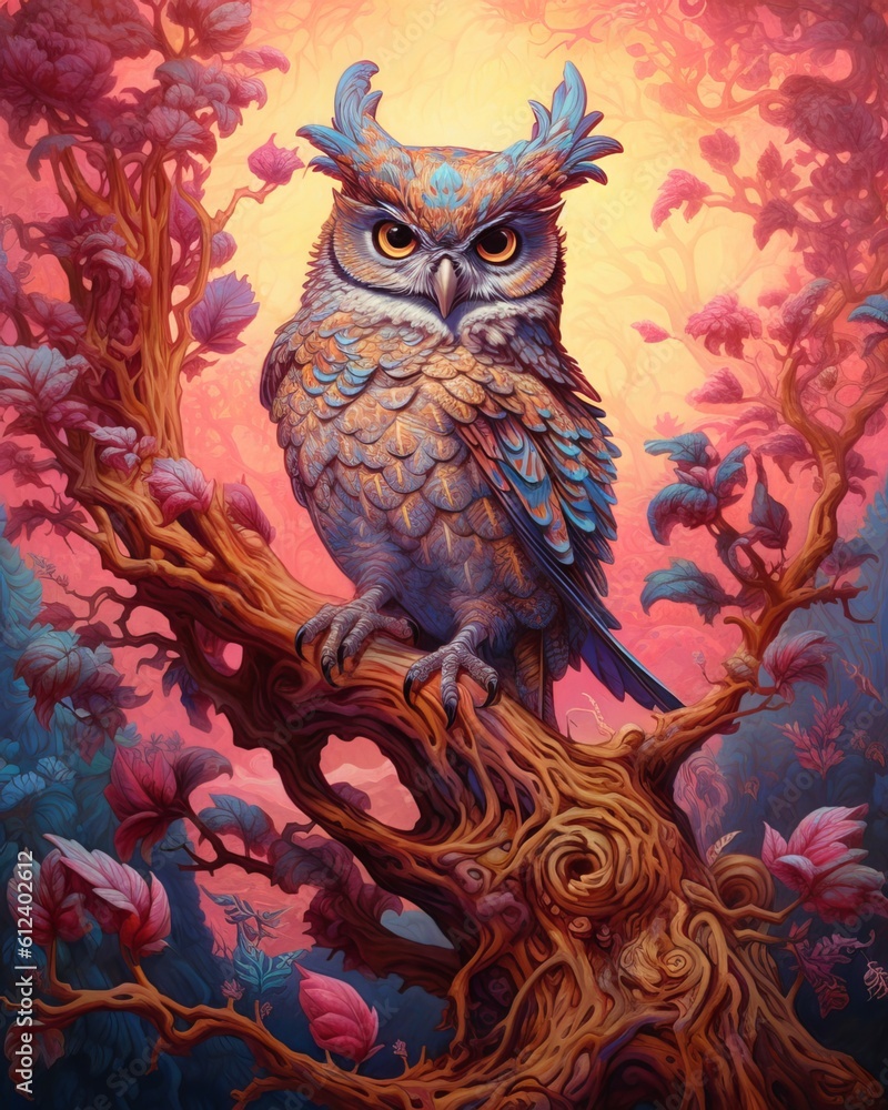 Majestic Artistic Owl Perched on a Branch: Wisdom and Serenity Majestic Artistic Owl Perched on a Branch: Wisdom and Serenity